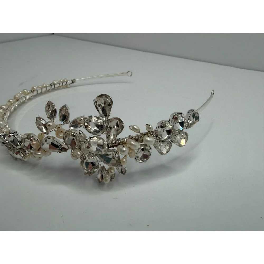 Bel Aire Bridal Tiara Headband Pearl Rhinestone Crystal Floral Wedding Silver